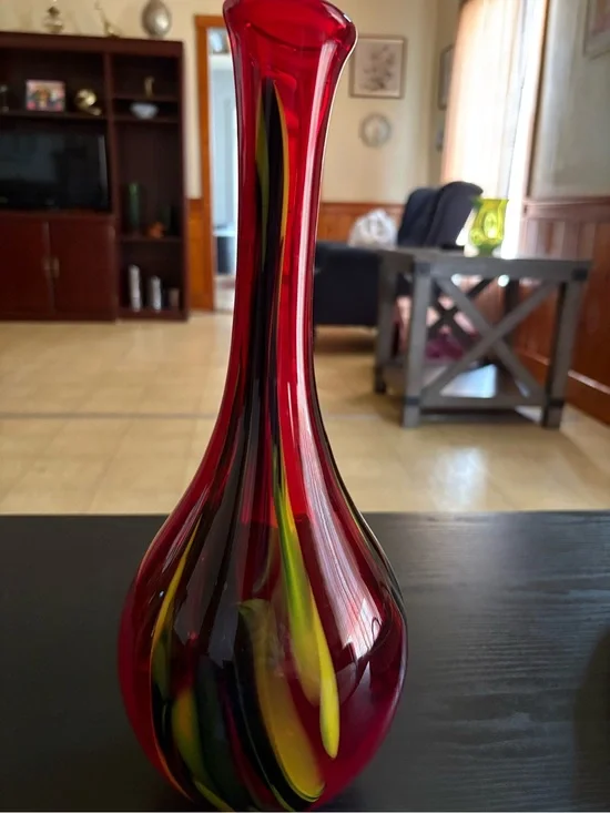 Pier 1 Imports Red Blown Glass Vase with Yellow, Green & Black Swirl