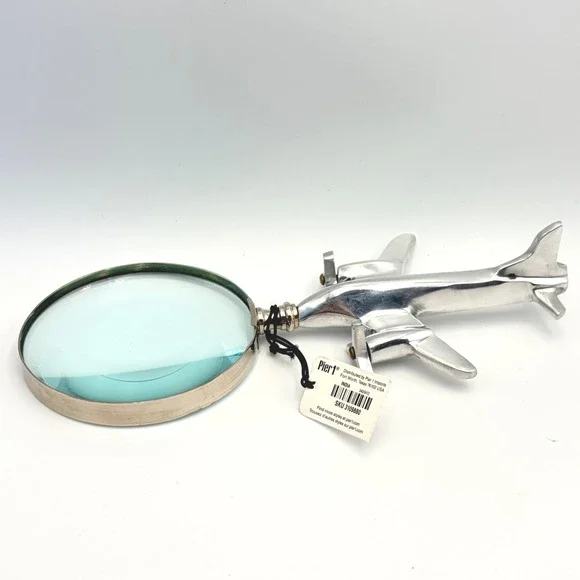 Pier 1 Silver Airplane Magnifying Glass Aviation Pilot Propeller Turns OAK Plane