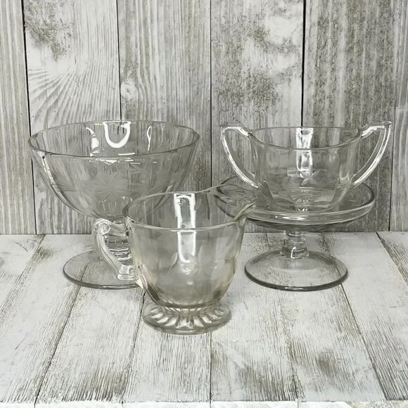 Vintage Etched Clear Depression Glass Sugar Bowl and Creamer Set 4 Pieces