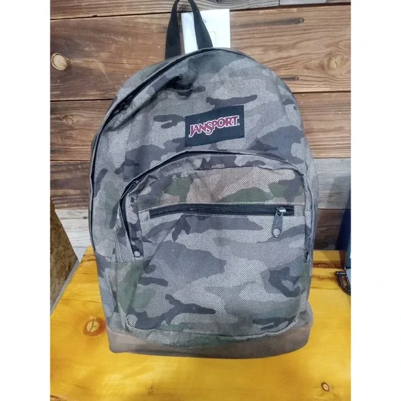 Jansport Camouflage Camo Backpack Leather Suede Bottom Grunge 90's Street Wear.