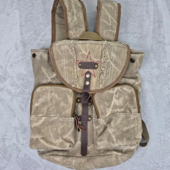 Canvas Military Rucksack Backpack Red Star Detail Mens Womens Outdoor Hiking