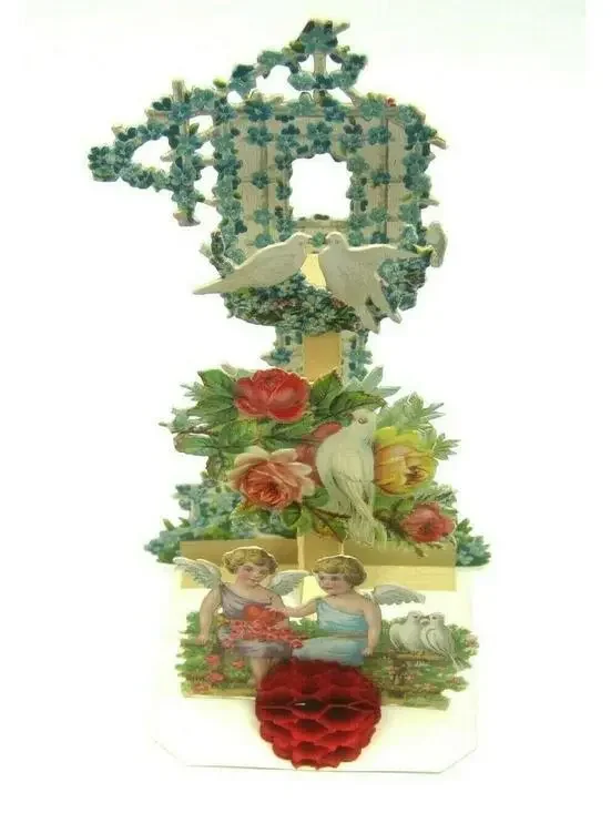 Vintage Valentine Die Cut Angels Honeycomb Pull Down Stand Up Germany Card 1930