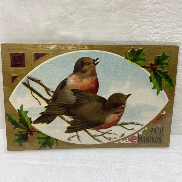 Antique 1908 Christmas Postcard Two Birds In‎ Protective Sleeve No Postmark