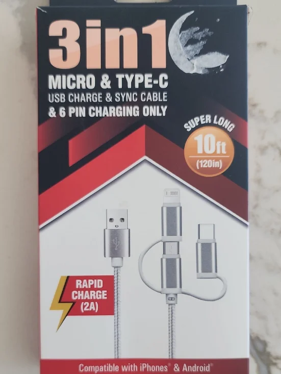 3-in-1 Silver USB to Micro/Type-C/Lightning Fast Charge Cable - 10ft