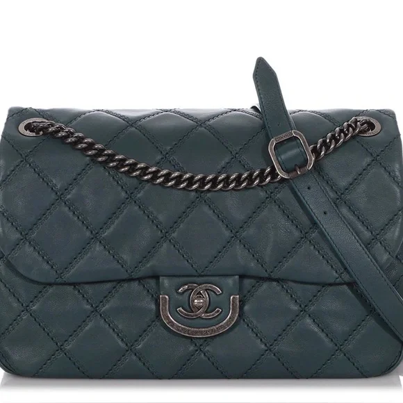 CHANEL Dark Green Quilted Shoulder Bag