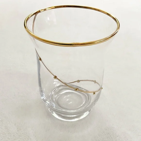 Vintage Pier 1 Clear Blown Glass Vase Gold Rim Spiral Swirl Accent 6”