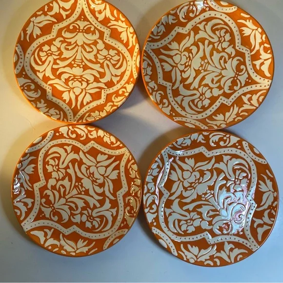 Set Of 4 Pottery Barn Discontinued Orange Baroque Dessert Salad Lunch Plate 8.5”