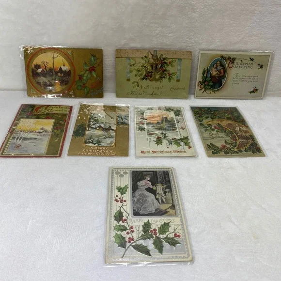 Lot of 8 Antique Early 1900's Christmas Postcards In Protective Sleeves