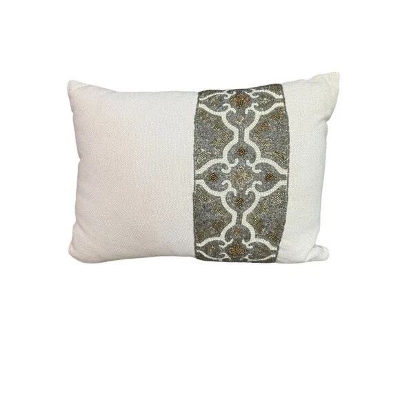 Pier 1 Beaded Pillow Rectangle Beige Gold Silver
