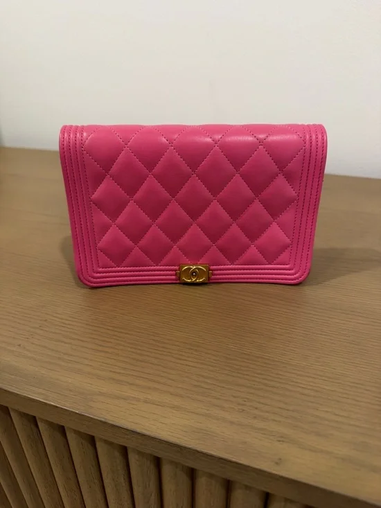 CHANEL Pink Quilted Boy Wallet with Gold CC Lock