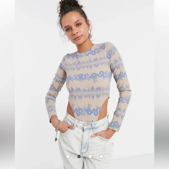 Berksha High Cut Dragon Print Bodysuit in Camel and Light Blue - Size S