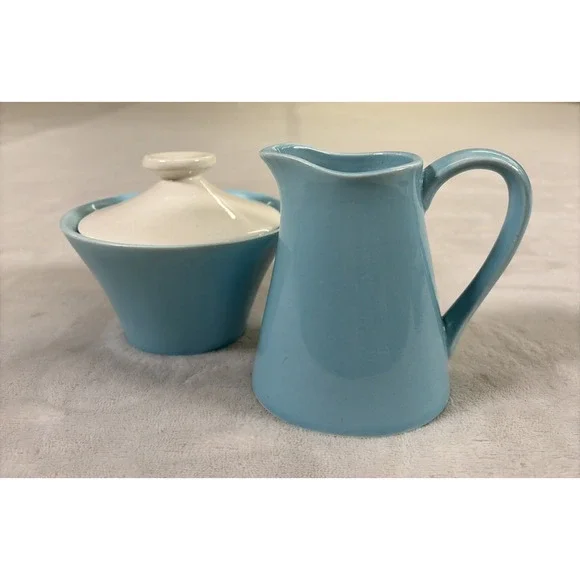 Vtg 60s Cameron Cronin Clay Products Blue Scandia Creamer & Sugar MCM Charity