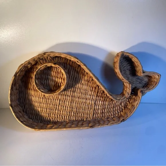 Large Figural Whale Natural Banana Leaf Rattan Chip & Dip Tray 21” Length