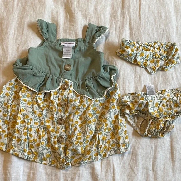 Daisy Fuentes Sage Green and Yellow Floral Baby Dress with Bloomers