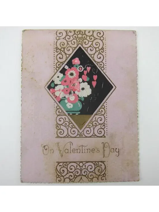 Antique Valentines Day Card Pink & White Flowers Green Vase Gold Accent Art Deco