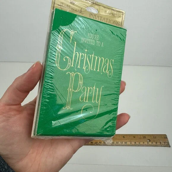 Vtg Retro Hallmark Christmas Party Invitation Green Gold Metallic Elegant‎ Font