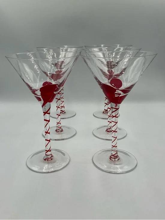 PIER 1 Red Drip Drop Swirl Stem Martini Glasses Set of 6