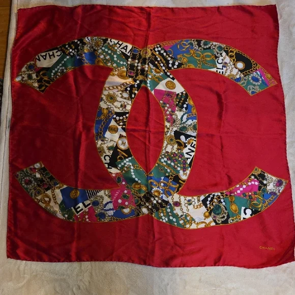 Chanel‎ Multicolor Silk Scarf with Red Base