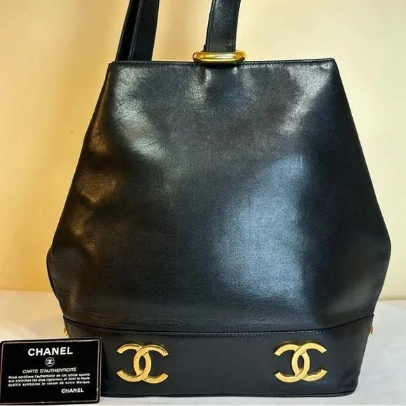CHANEL CC Calfskin Shoulder Bucket Bag 24K Goldplated.