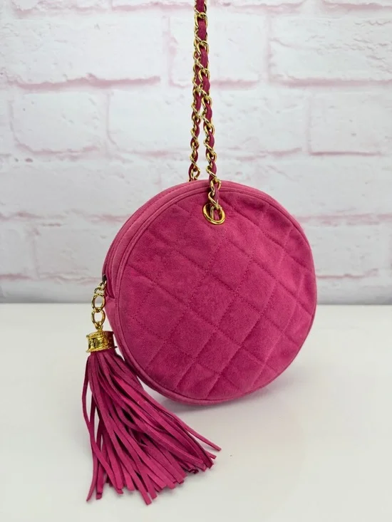 Chanel Hot Pink Quilted Suede Round Clutch on Chain