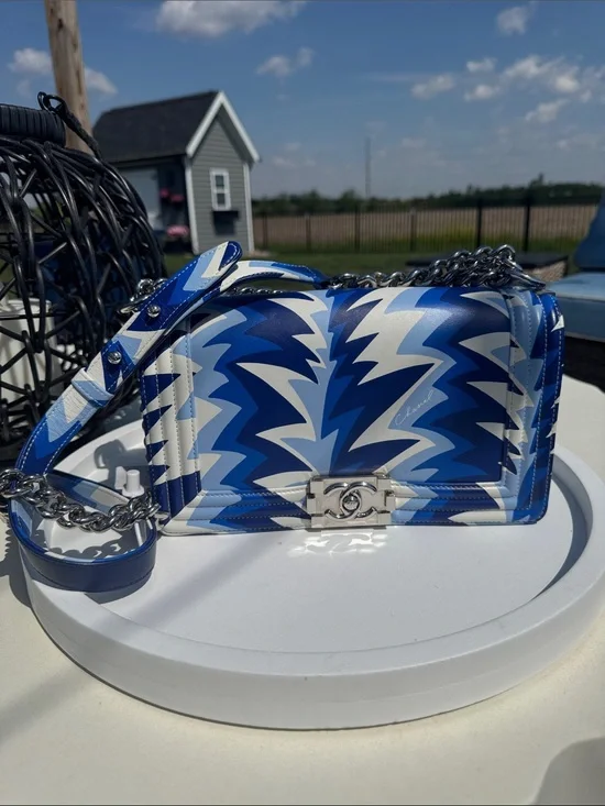 CHANEL Blue & White Chevron Boy Bag with Chain Strap