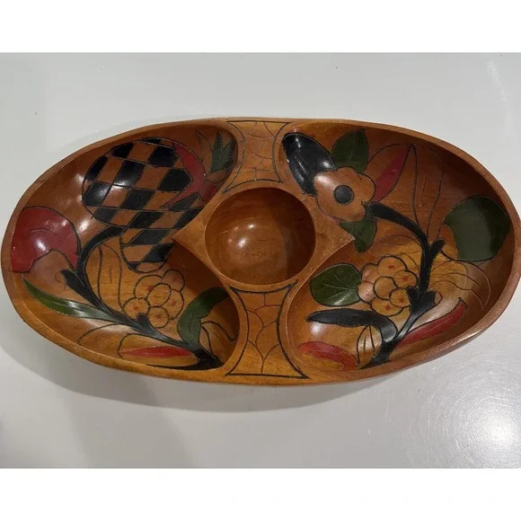 Vintage Wooden Hand‎ Painted Carved Bowl Serve Nuts Cheese Floral 2 Sided Design