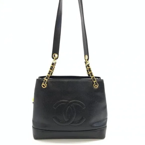 Chanel Caviar Skin Chain Tote Shoulder Bag Shawl Black
