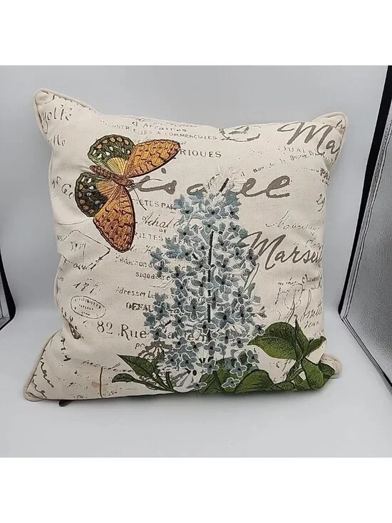 Pier 1 Throw Pillow Butterfly Flower Embroidered Tan, Brown , Green 16