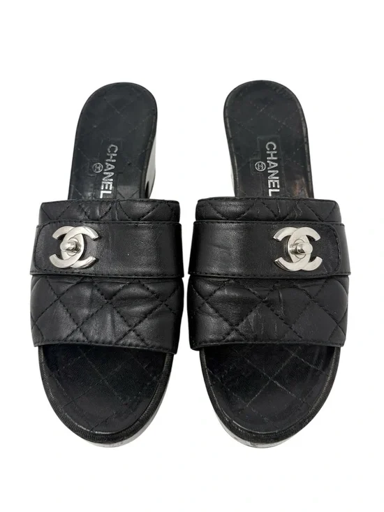 Chanel Black Quilted CC Slip On Turnlock Platform Mules Slides Clogs Sandals 38