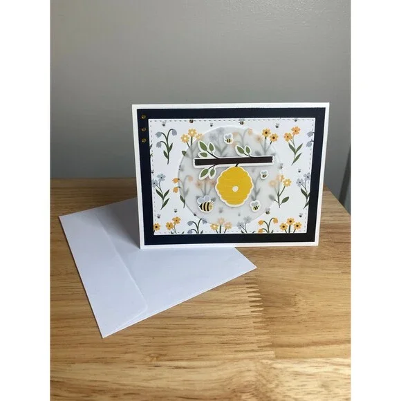 Flowers & Honey Bee Greeting Card – Handmade A2 Card – All Occasion Blank Card