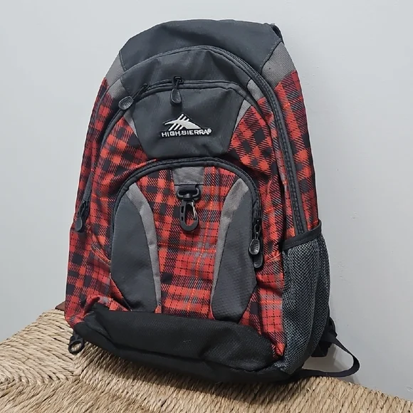 High Sierra Red Plaid Backpack with Black & Gray Accents