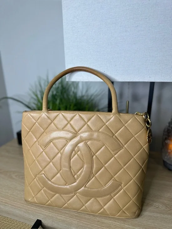 Authentic Chanel Medallion Tote Beige Lambskin Leather Vintage CC Bag