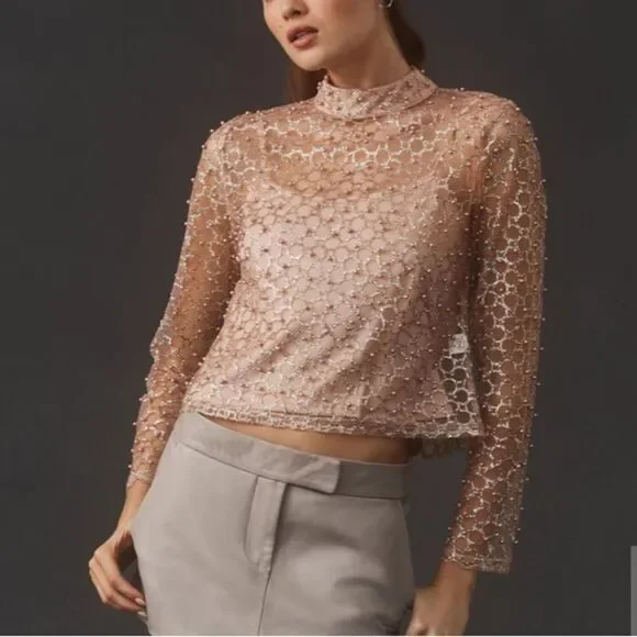 By Anthropologie Blue Tassel Pearl-Embellished Long-Sleeve Top Medium