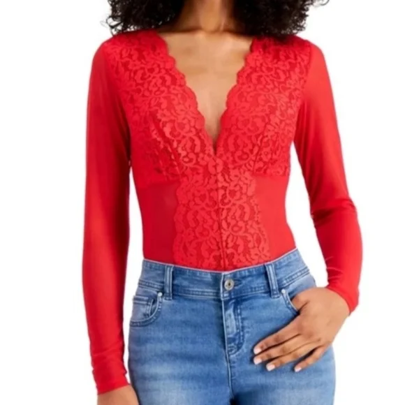 INC International Concepts Intimates Red Lace Bodysuit Women's M Ski Patrol