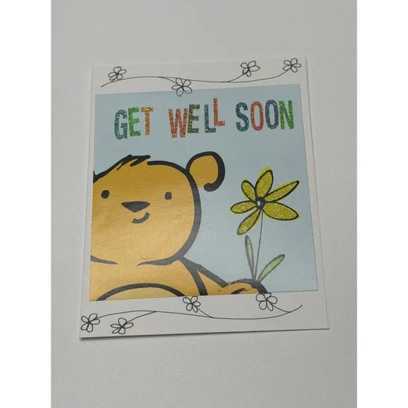 Get Well Soon Greeting Card Cute Bear with‎ Flower Glitter Accents Blank Inside