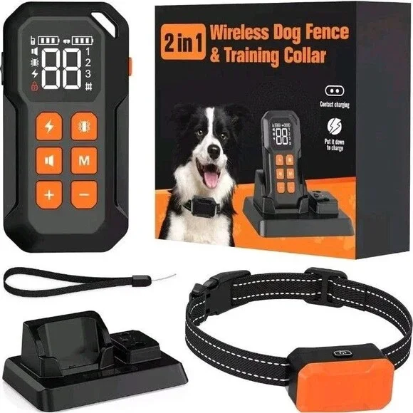 New 2 In 1 Wireless Electric Fence Remote Dogs Shock Training Collar Pet Trainer