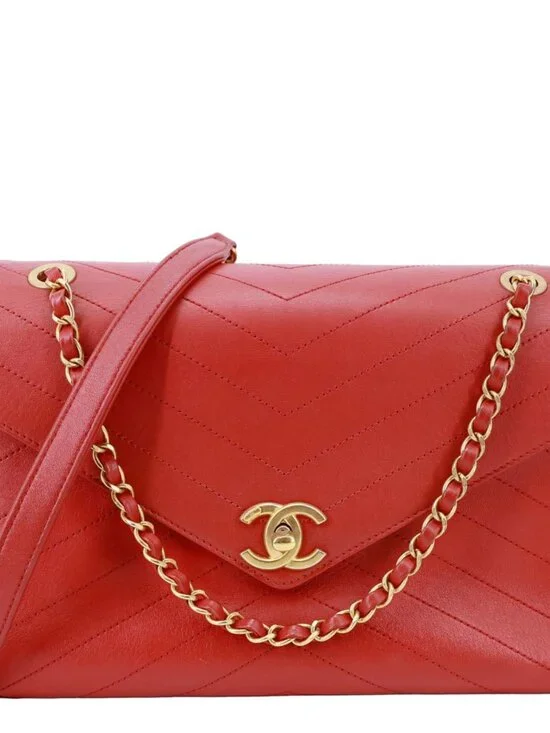 Chanel Envelope Flap Lambskin Chevron Stitched Leather Crossbody Bag Red