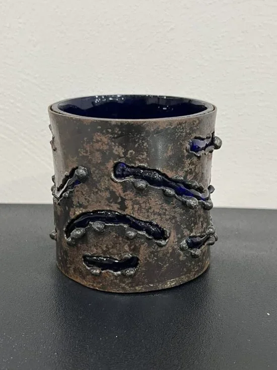 Vintage 90'S Pier 1 Brutalist Metal & Cobalt Blue Glass Candle Holder