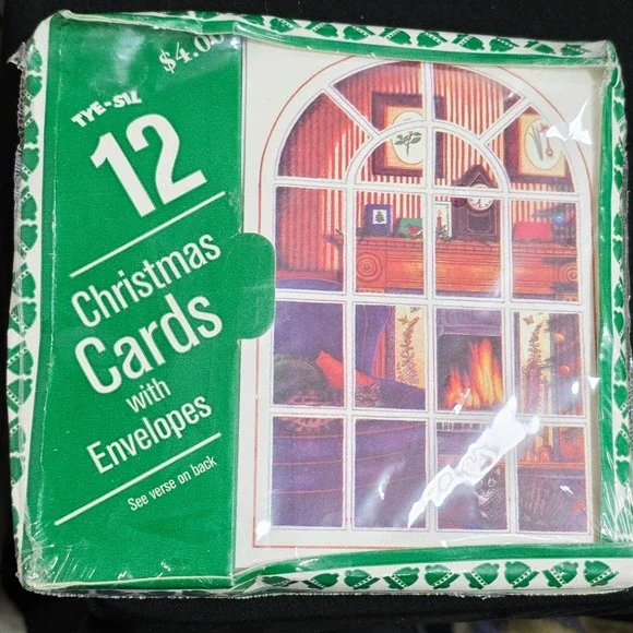 Vintage‎ TYE-SIL 12 Christmas Cards with Envelopes Winter Scene Window Fireplace