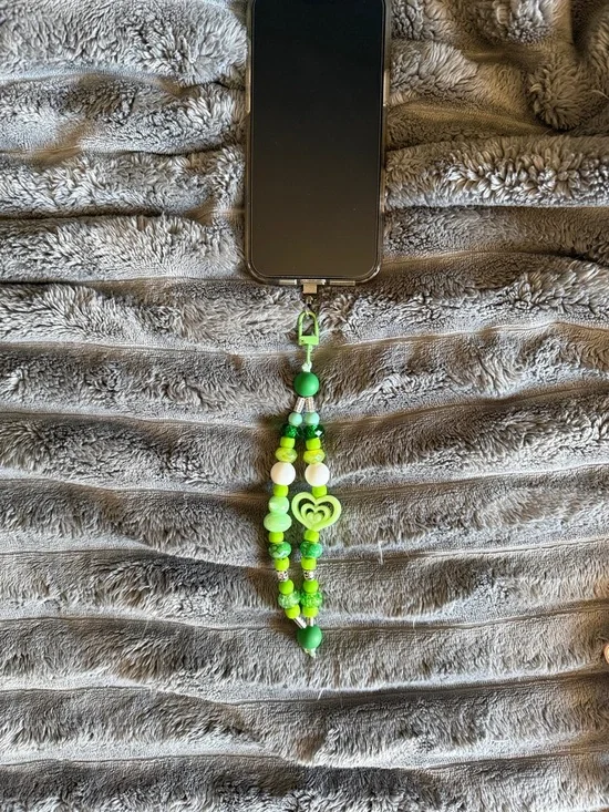 Green Beaded Phone Charm Strap with Heart Accent - Unbranded