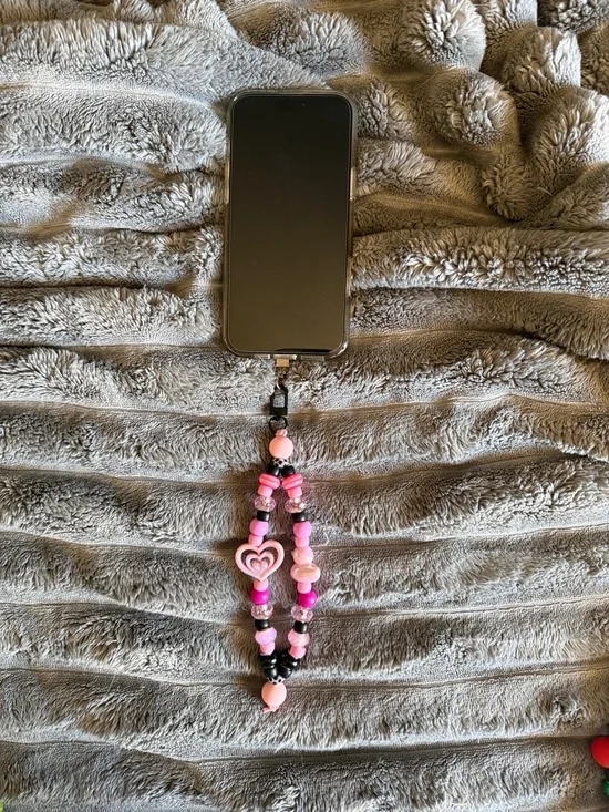 Pink Beaded Heart Phone Charm Wrist Strap