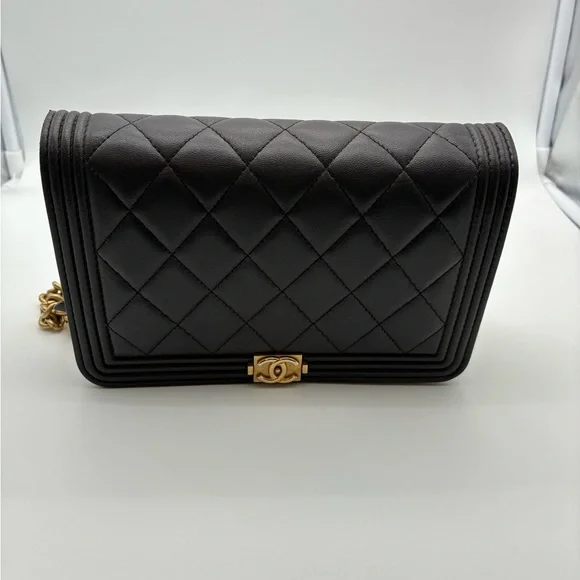Chanel Quilted Dark Grey Le Boy Wallet WOC Lambskin Leather Crossbody bag