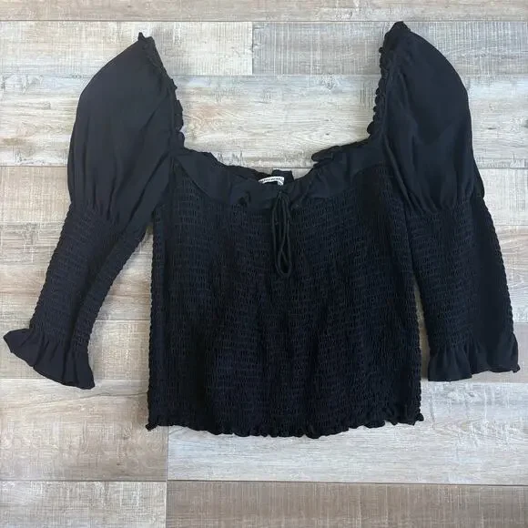 Reformation Black Shirred Tie Front Blouse Size XL