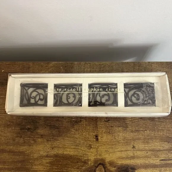 PIER 1 Napkin Rings wire scroll brown metal lot of 4 Boxed Unused