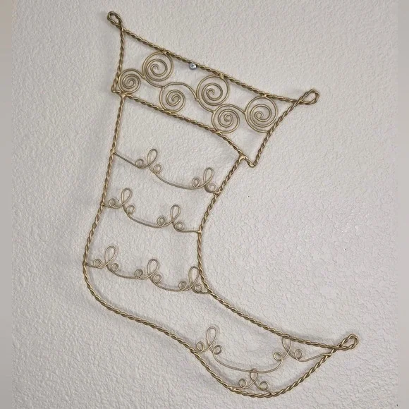 Pier 1 Gold Scrolled Metal Wire Christmas Stocking Shaped Card Holder Wall Decor