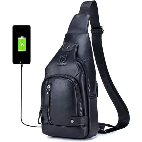Genuine Leather Sling Bag with USB Charging Port Multi-pocket Chest Bag for Men