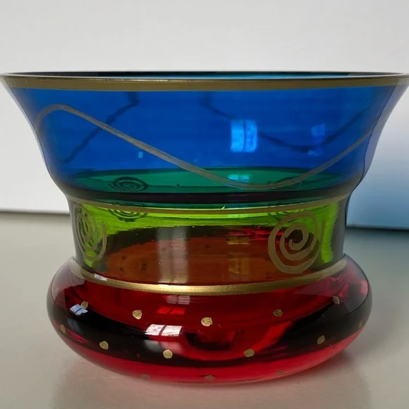 PIER 1 Candle Votive Holder Glass Vintage Red Blue Green Gold Trim Cup Vase Boho