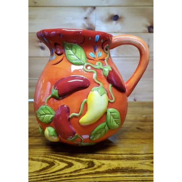 Pier 1 One Imports Pasilla Earthenware Peppers Orange Pitcher Jug 7.5