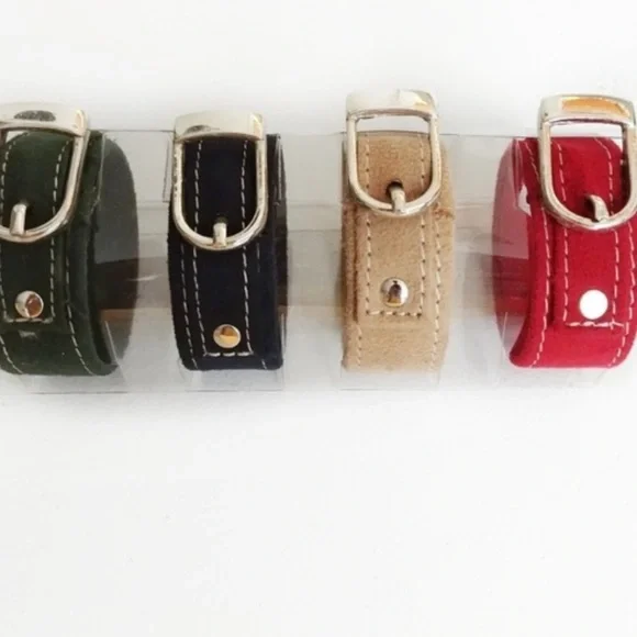 Pier 1 Novelty Suede Red, Blue, Green & Tan Watch Band Napkin Ring Holders