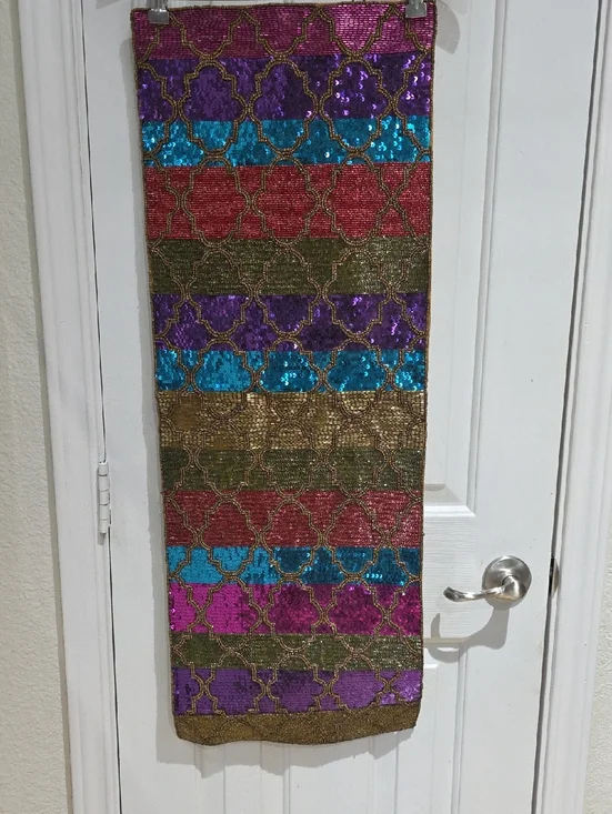 Pier 1 Striped Multicolor Sequin Table Runner with Gold Bead Lattice